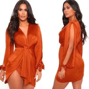 PrettyLittleThing Rust Wrap Long Sleeve Dress
